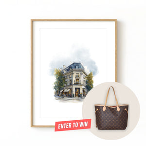 Framed print of a parisian Haussmann building on a corner block. Purchase for a chance to win a Louis Vuitton Neverfull.