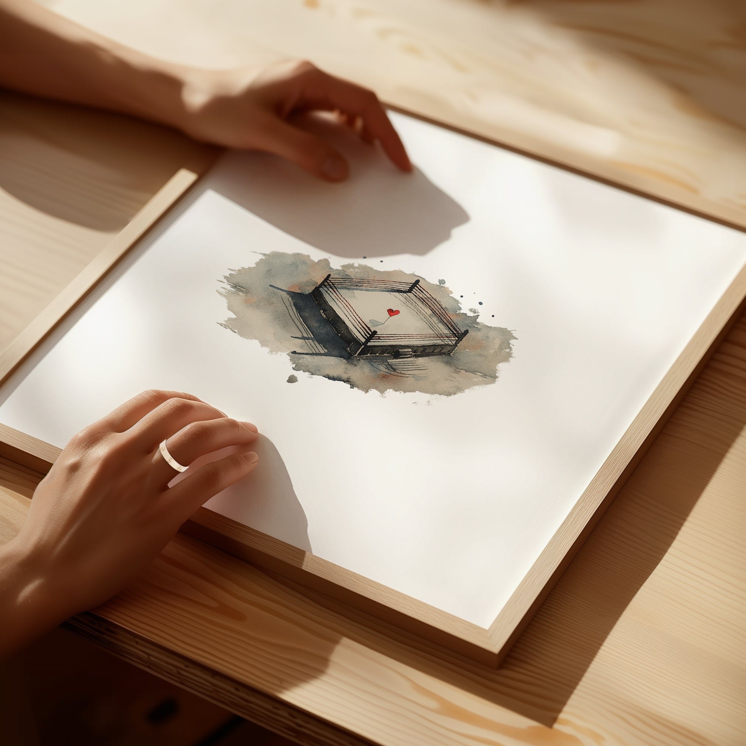 Framed artwork of a heart in the centre of a boxing ring, inspired by the WWE Hart brothers. Purchase for a chance to win a gold Cartier Love ring.