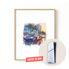 Framed digital print of a purple Lamborghini on a Miami street. Purchase for a chance to win a Sony PlayStation 5.