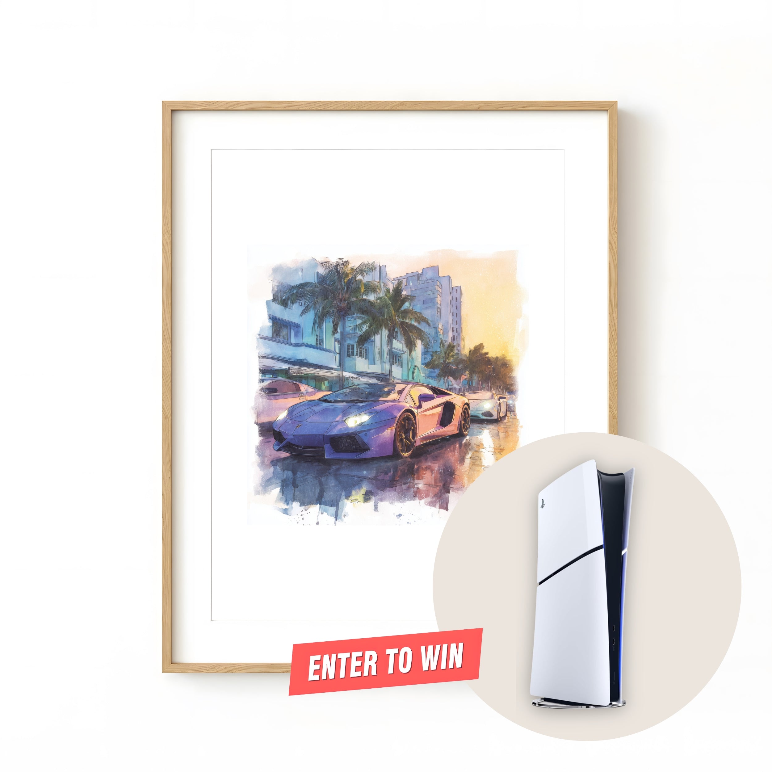 Framed digital print of a purple Lamborghini on a Miami street. Purchase for a chance to win a Sony PlayStation 5.