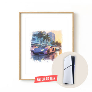 Framed digital print of a purple Lamborghini on a Miami street. Purchase for a chance to win a Sony PlayStation 5.