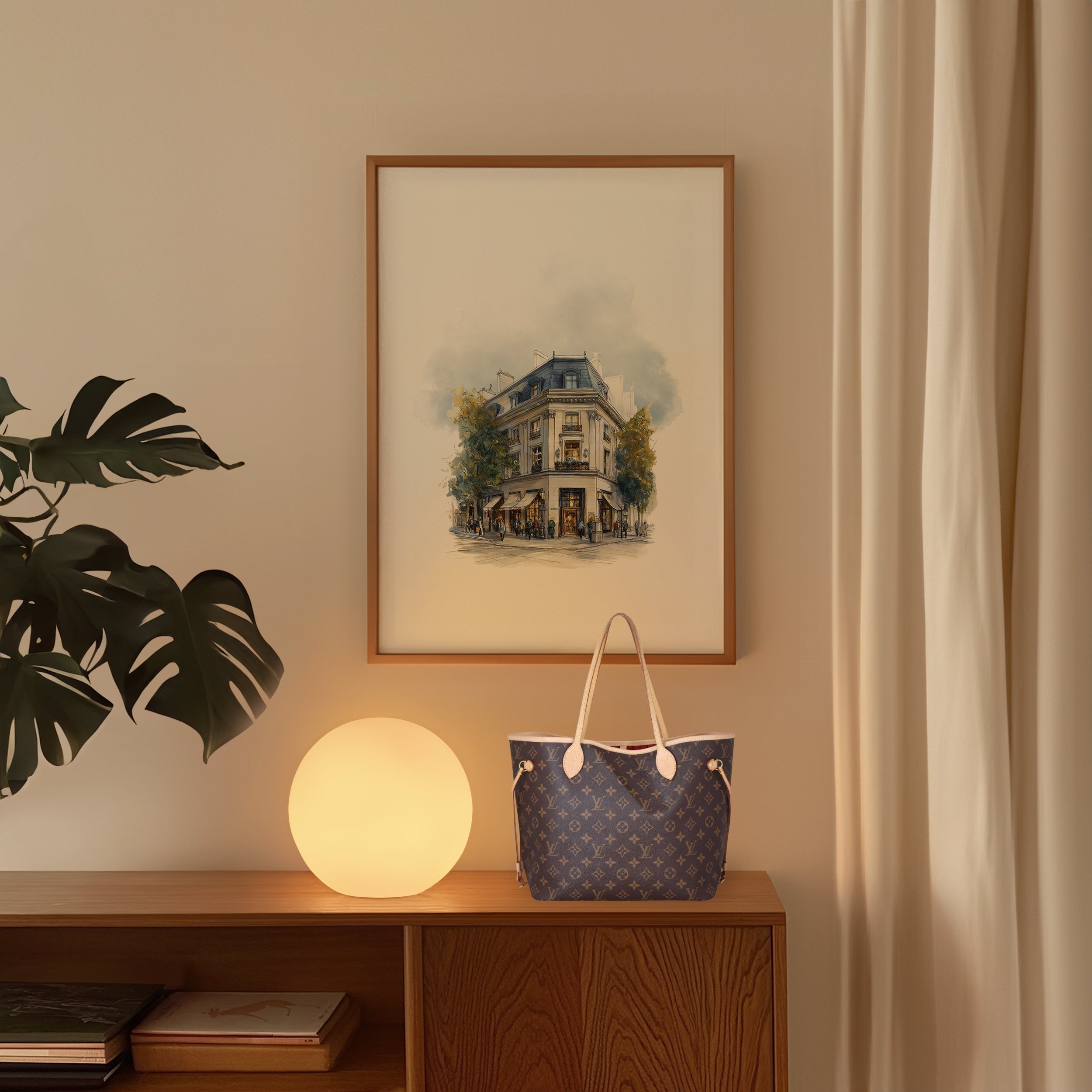 Framed print of a parisian Haussmann building on a corner block. Purchase for a chance to win a Louis Vuitton Neverfull.