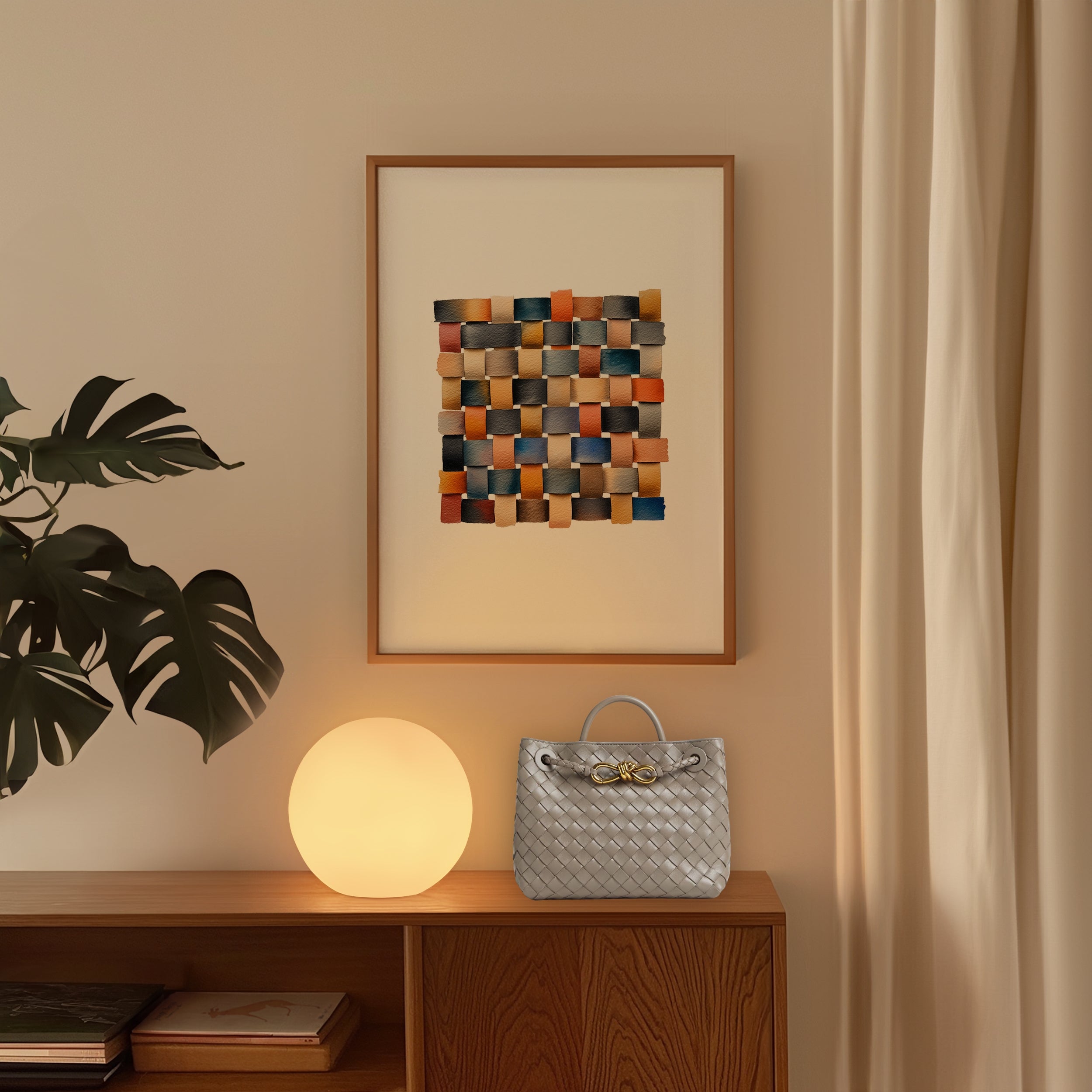 Framed Bottega Veneta-inspired woven leather digital print. Purchase for a chance to win a Bottega Veneta Small Andiamo bag.