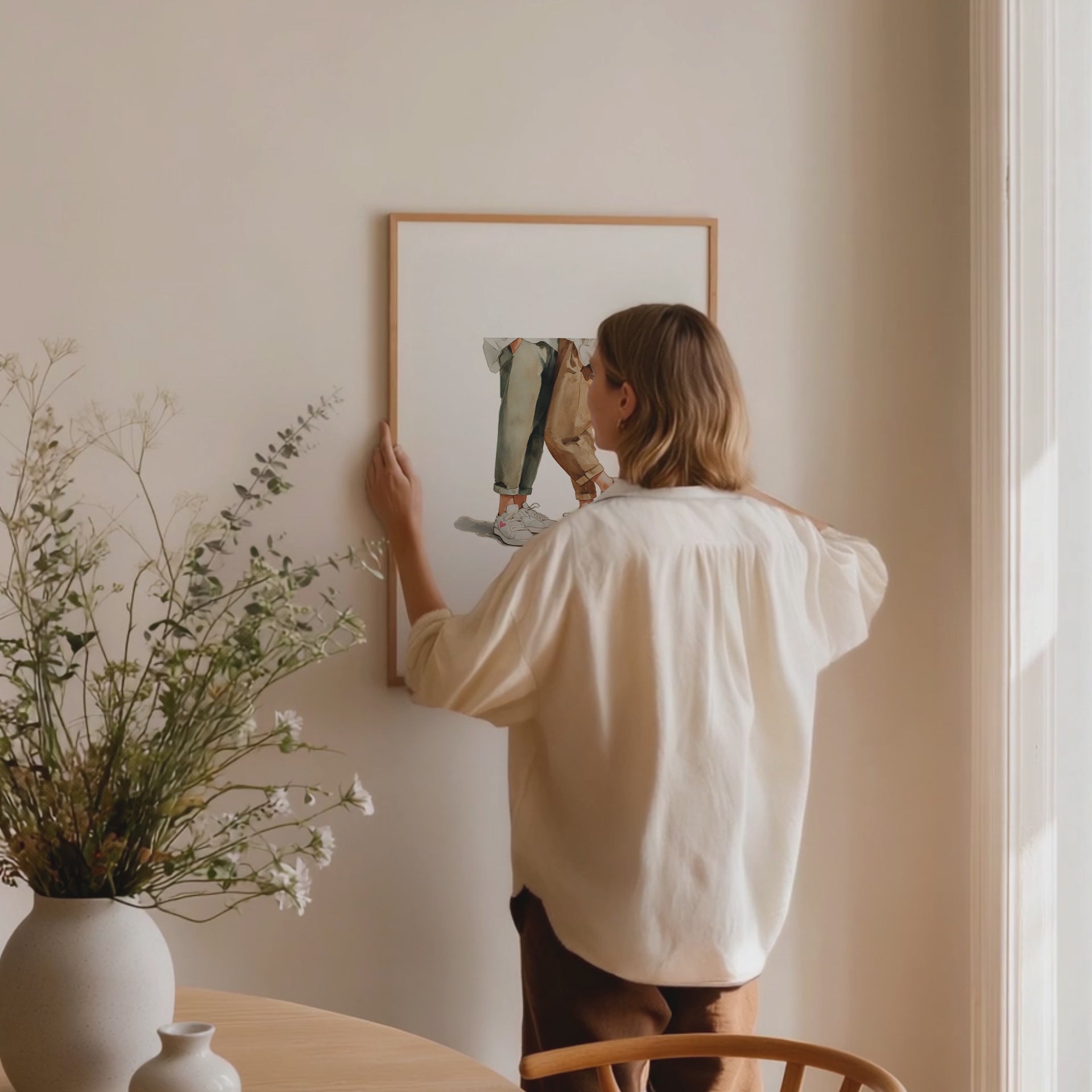Framed print of two people wearing white sneakers. Purchase for a chance to win white Common Projects Original Achilles Low sneakers.